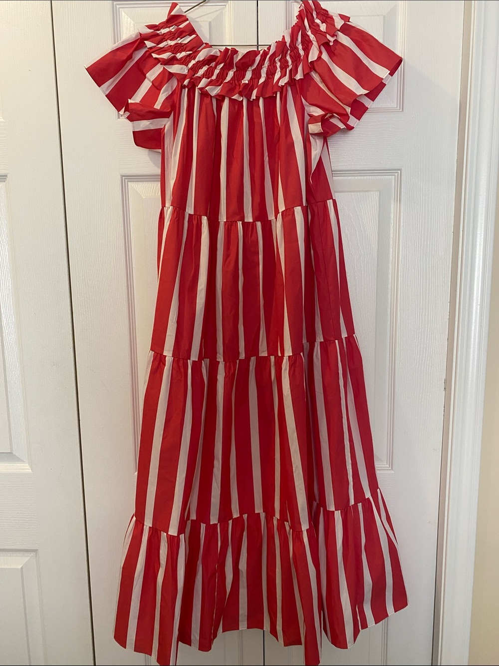 Trina Turk Red and White Striped Tiered Midi Dress